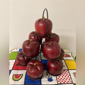 12 Red Wooden Apples 🍎 on Black Iron Stand 11” tall, Country Farmhouse Kitchen